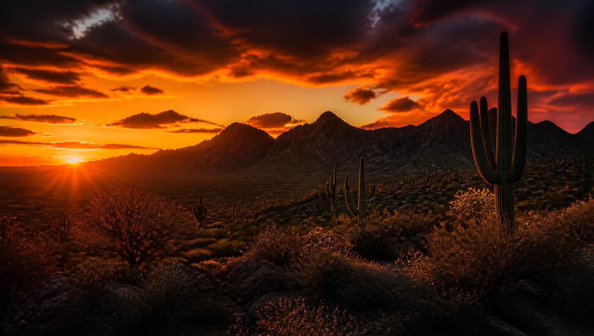 Arizona desert sunset with mountains and saguaro cactus near Yuma